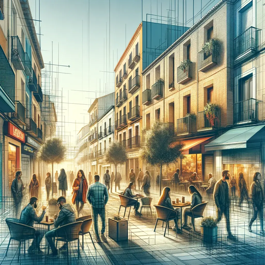 Animada conversación entre personas en una calle concurrida de Albacete, ilustrando el poder del boca a boca en la comunidad local