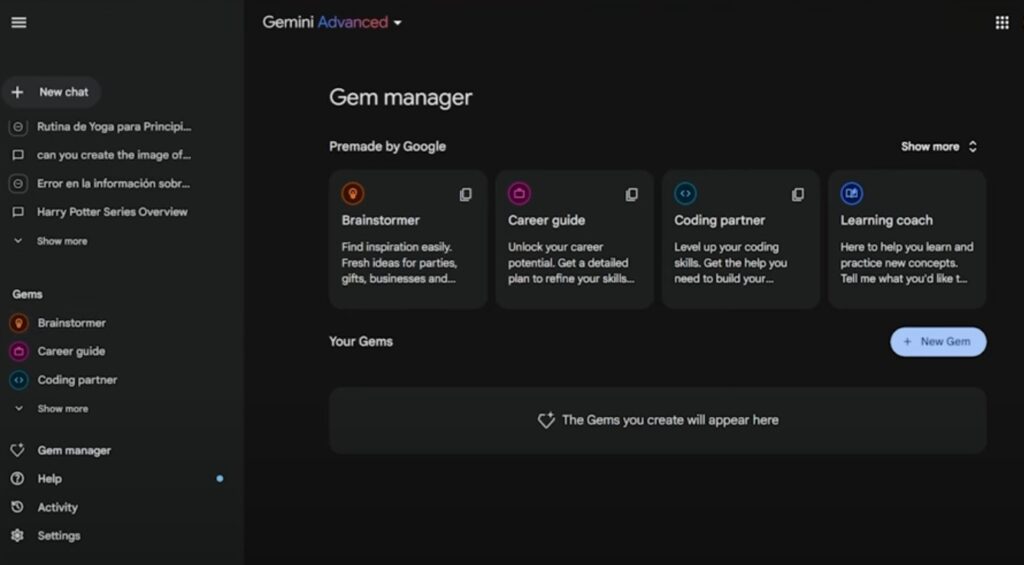 GPTs Gemini Interfaz de usuario de Gemini Advanced mostrando opciones de personalización para GPTs.
