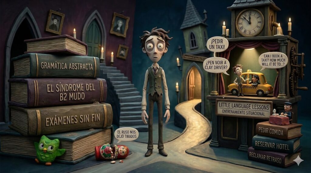 Ilustración estilo Tim Burton mostrando el contraste entre 
                    estudiar gramática abstracta y entrenar situaciones reales 
                    con IA como Google Little Language Lessons