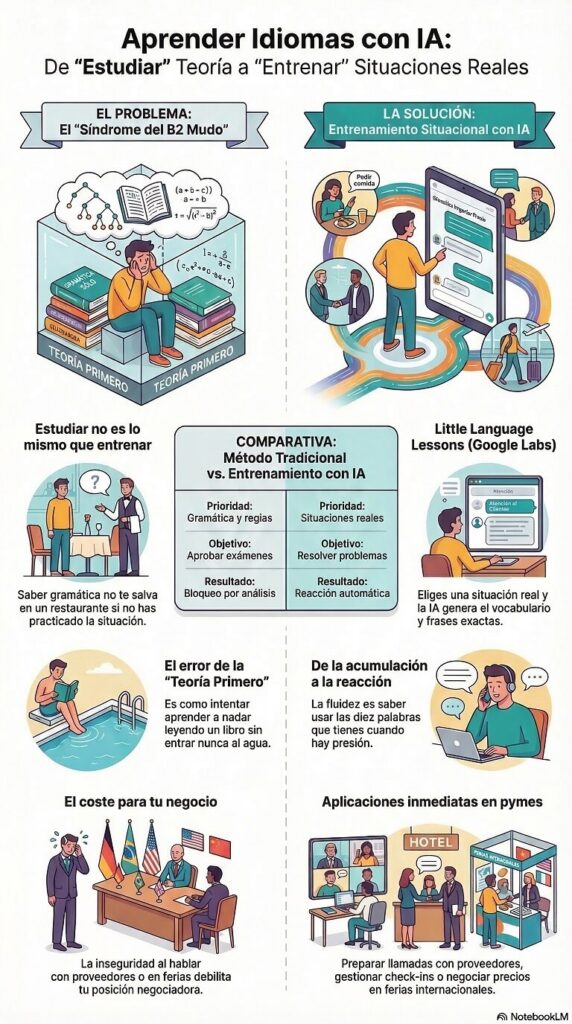 Infografía comparativa entre el método tradicional de aprendizaje de idiomas basado en gramática y el entrenamiento situacional con IA, incluyendo Google Little Language Lessons para pymes y autónomos