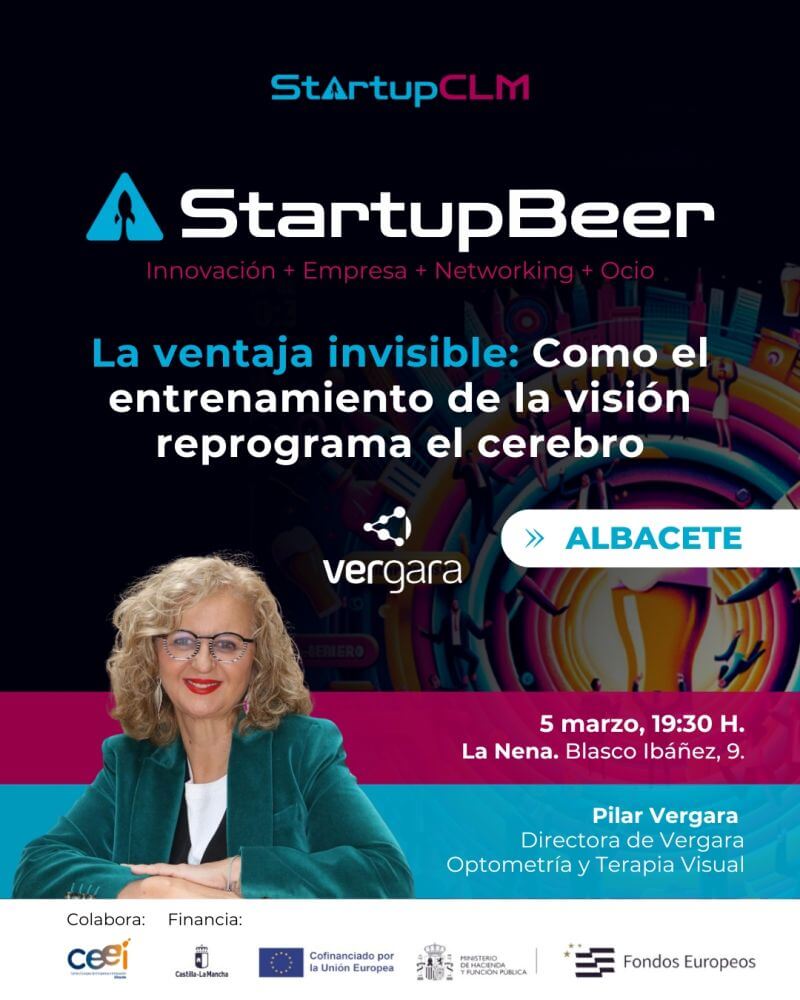 Cartel del evento StartupBeer Albacete con Pilar Vergara sobre entrenamiento de la visión y liderazgo empresarial