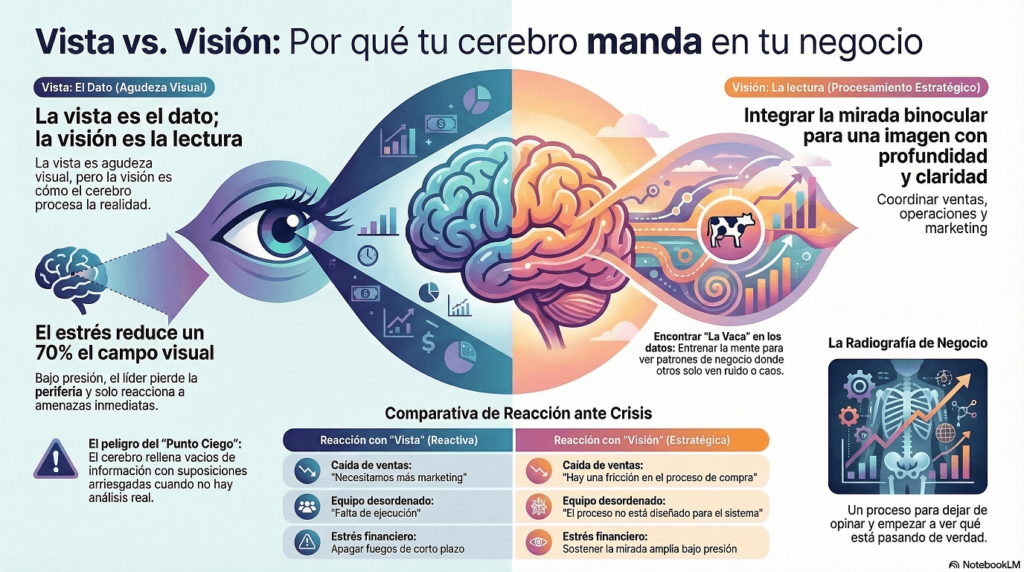 Infografía sobre visión empresarial, toma de decisiones y estrés en negocios explicada en StartupBeer Albacete por Pilar Vergara